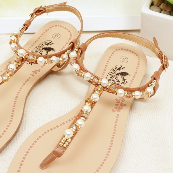 Tan Jewel Rhinestone Summer Thong Sandal Mia-01 - Picture 2 of 3